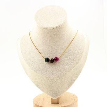 Tiger Eye Mix colors 8 mm 3 beads necklace. Golden stainless steel chain