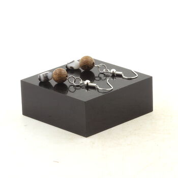 Stainless steel Earrings Zebra Jasper from Brazil + wood 8 mm 2 Beads.