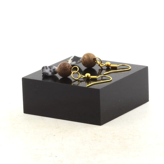 Golden Stainless steel Earrings Zebra Jasper from Brazil + wood 8 mm 2 Beads.