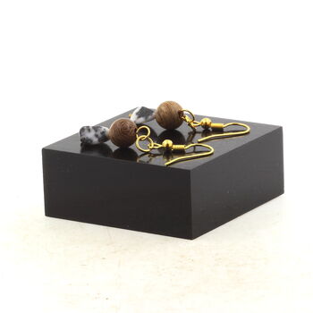 Golden Stainless steel Earrings Zebra Jasper from Brazil + wood 8 mm 2 Beads.
