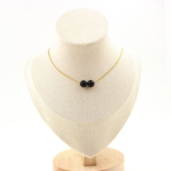 Matte black Onyx 8 mm 2 beads necklace. Golden Stainless steel chain