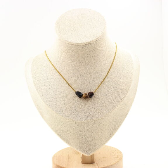 Pietersite from the USA 3 beads necklace. Golden stainless steel chain