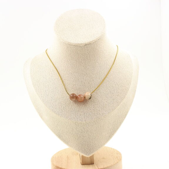 Sunstone 8 mm 3 beads necklace. Golden stainless steel chain