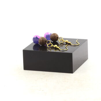 Golden Stainless steel Earrings Fuchsia and blue Dragon vein Agate + wood 8 mm 2 Beads.