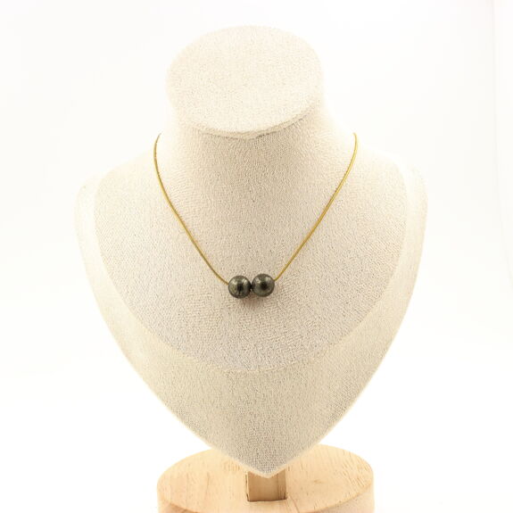 Pyrite from Spain 8 mm 2 beads necklace. Golden Stainless steel chain