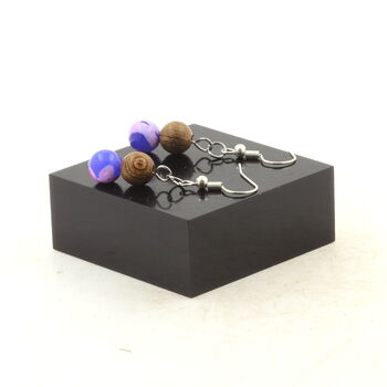 Stainless steel Earrings Fuchsia and blue Dragon vein Agate + wood 8 mm 2 Beads.