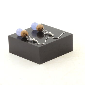 Boucles D'oreilles 2 Perles Aigue-Marine + bois 8 mm en acier inoxydable.