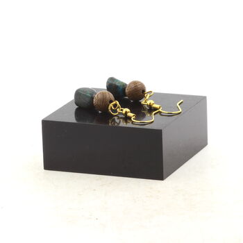 Golden Stainless steel Earrings Chrysocolla from the USA + wood 8 mm 2 Beads.