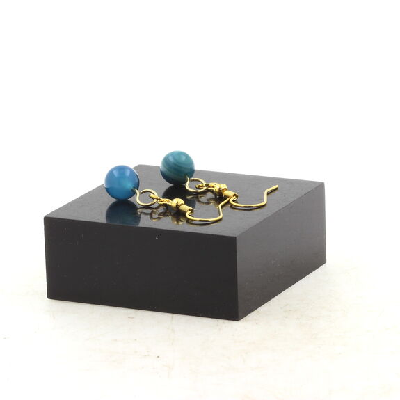 Golden Stainless steel Earrings Blue banded Agate 8 mm 1 Bead.