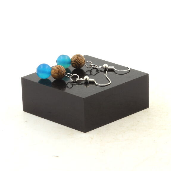 Stainless steel Earrings Blue banded Agate + wood 8 mm 2 Beads.