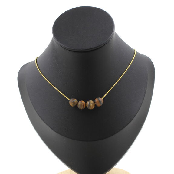 Matte Tiger's Eye 8 mm 4 beads necklace. Golden stainless steel chain