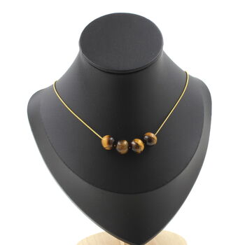 Tiger's Eye 10 mm 4 beads necklace. Golden stainless steel chain
