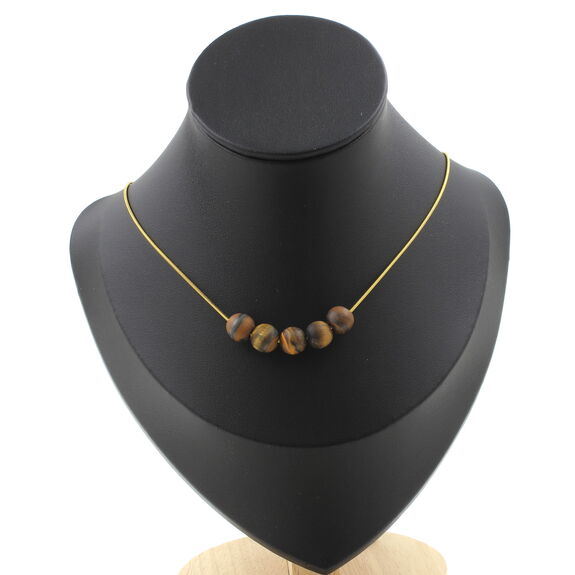 Matte Tiger's Eye 8 mm 5 beads necklace. Golden Stainless steel chain