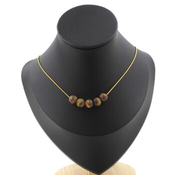 Matte Tiger's Eye 8 mm 5 beads necklace. Golden Stainless steel chain