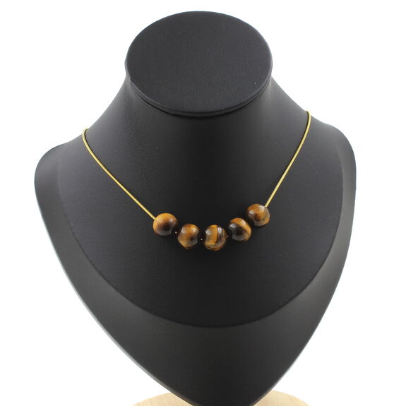 Collier 5 perles Oeil de Tigre 10 mm. Chaine en acier doré inoxydable