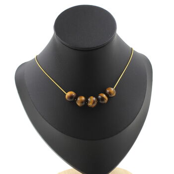Tiger's Eye 10 mm 5 beads necklace. Golden Stainless steel chain