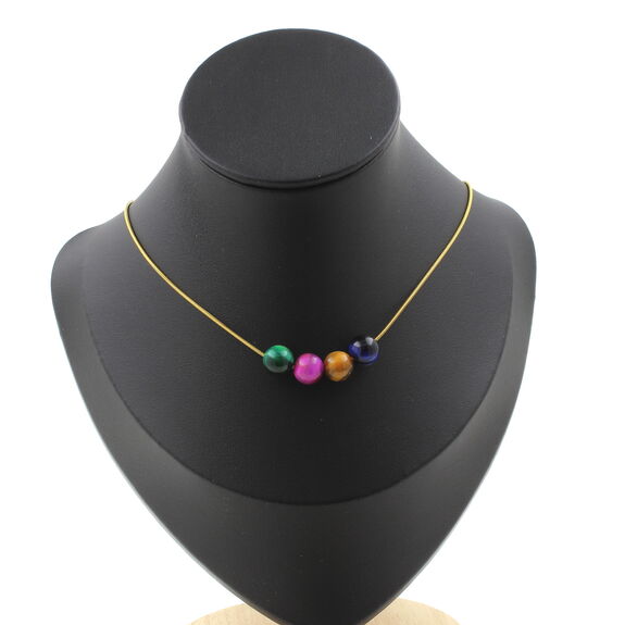 Multicolored Tiger's Eye 8 mm 4 beads necklace. Golden stainless steel chain