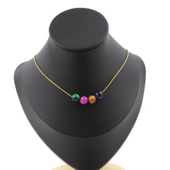 Multicolored Tiger's Eye 8 mm 4 beads necklace. Golden stainless steel chain