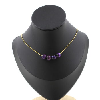 Purple Tiger's Eye 8 mm 4 beads necklace. Golden stainless steel chain