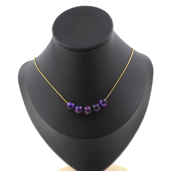 Purple Tiger's Eye 8 mm 5 beads necklace. Golden Stainless steel chain