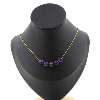 Purple Tiger's Eye 8 mm 5 beads necklace. Golden Stainless steel chain