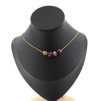 Two-tone Purple Tiger's Eye 8 mm 4 beads necklace. Golden stainless steel chain