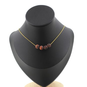Matte red Tiger's Eye 8 mm 4 beads necklace. Golden stainless steel chain