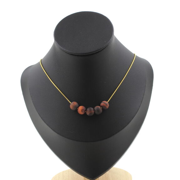 Matte red Tiger's Eye 8 mm 5 beads necklace. Golden Stainless steel chain