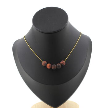 Matte red Tiger's Eye 8 mm 5 beads necklace. Golden Stainless steel chain