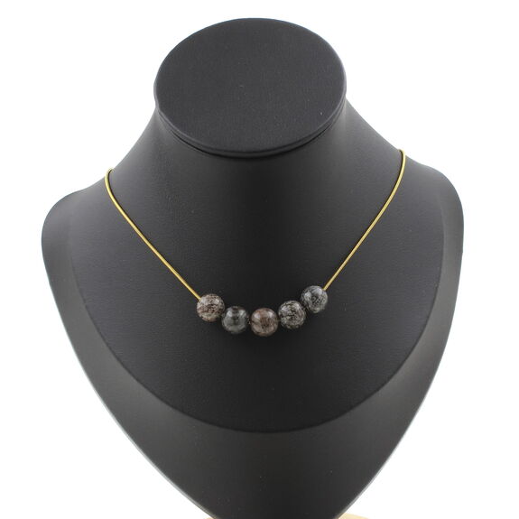 Brown Snowflake Obsidian 8 mm 5 beads necklace. Golden Stainless steel chain