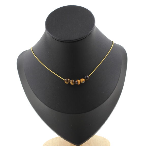 Tiger Eye 6 mm 5 beads necklace. Golden Stainless steel chain