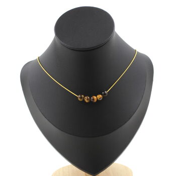 Tiger Eye 6 mm 5 beads necklace. Golden Stainless steel chain
