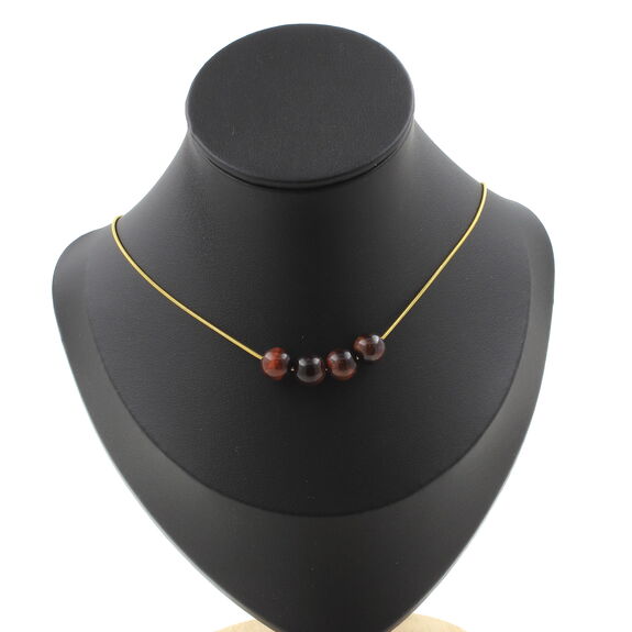 Red Tiger Eye 8 mm 4 beads necklace. Golden stainless steel chain