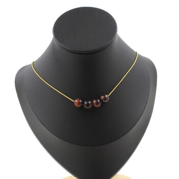 Red Tiger Eye 8 mm 4 beads necklace. Golden stainless steel chain