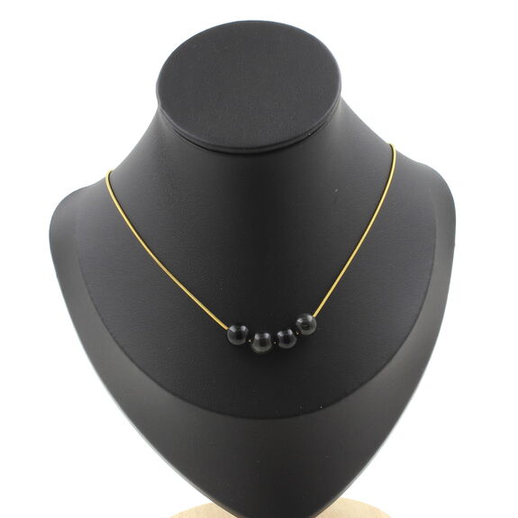 Black obsidian 8 mm 4 beads necklace. Golden stainless steel chain
