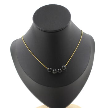 Black obsidian 8 mm 4 beads necklace. Golden stainless steel chain