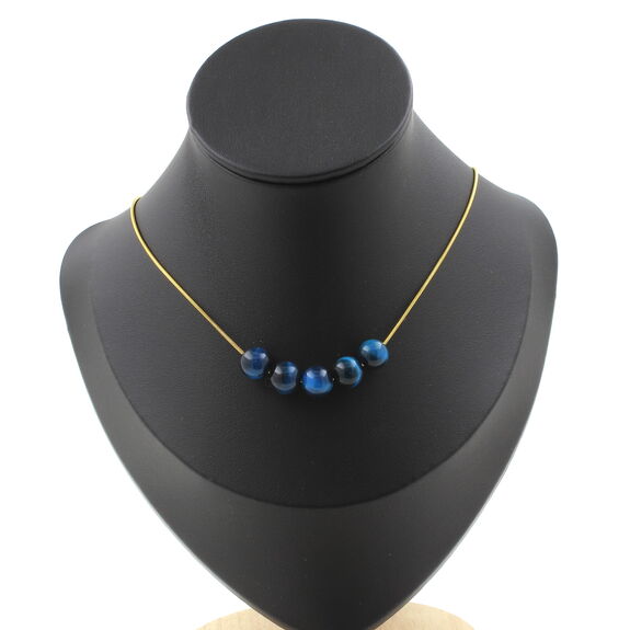 Light blue Tiger's Eye 8 mm 5 beads necklace. Golden Stainless steel chain