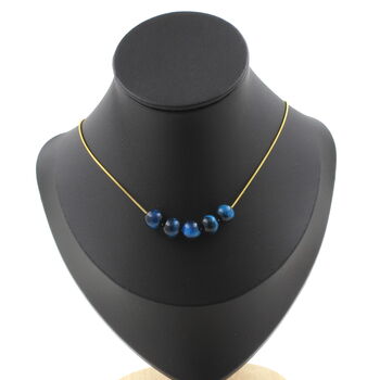 Light blue Tiger's Eye 8 mm 5 beads necklace. Golden Stainless steel chain