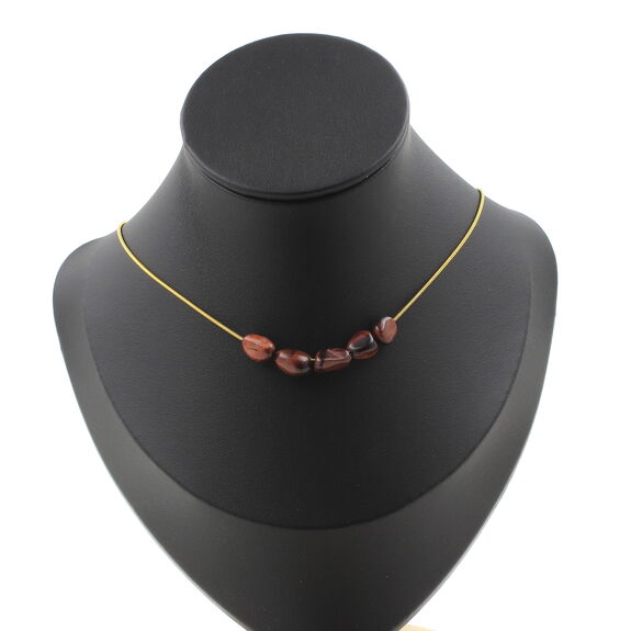 Red Tiger Eye from Brazil 5 beads necklace. Golden Stainless steel chain