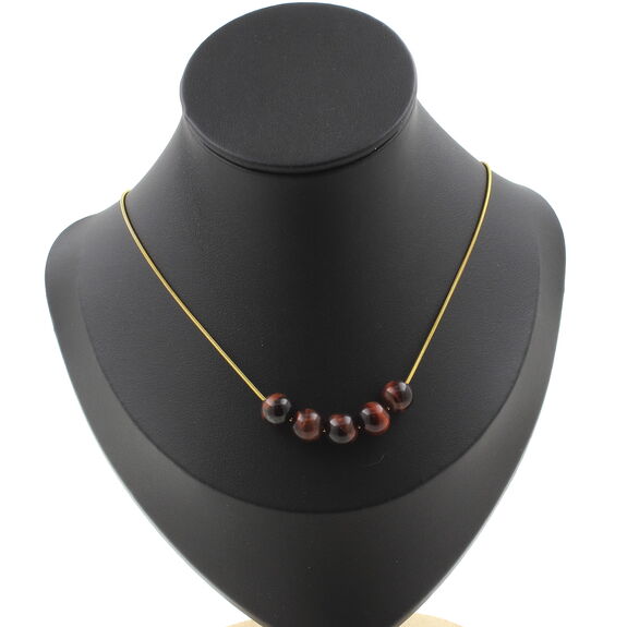 Red Tiger Eye 8 mm 5 beads necklace. Golden Stainless steel chain