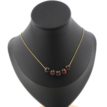 Red Tiger Eye 8 mm 5 beads necklace. Golden Stainless steel chain