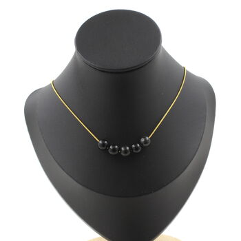 Black obsidian 8 mm 5 beads necklace. Golden Stainless steel chain