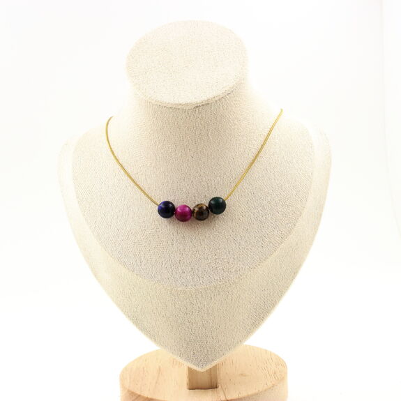 Tiger Eye Mix colors 8 mm 4 beads necklace. Golden stainless steel chain