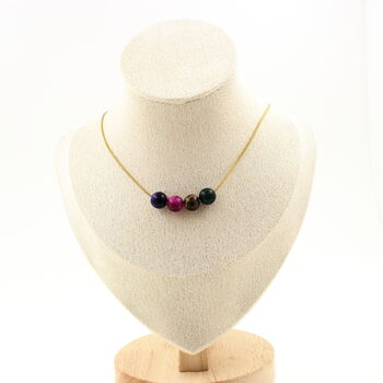 Tiger Eye Mix colors 8 mm 4 beads necklace. Golden stainless steel chain