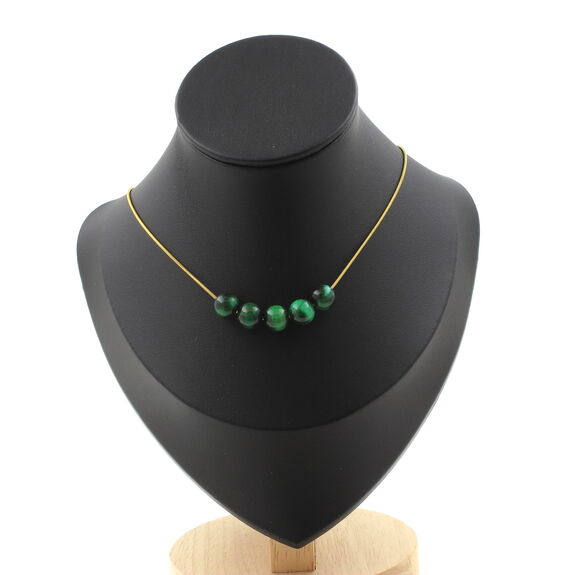 Green Tiger Eye 8 mm 5 beads necklace. Golden Stainless steel chain
