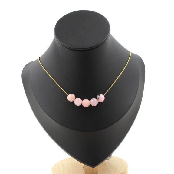Pink opal 8 mm 5 beads necklace. Stainless steel chain