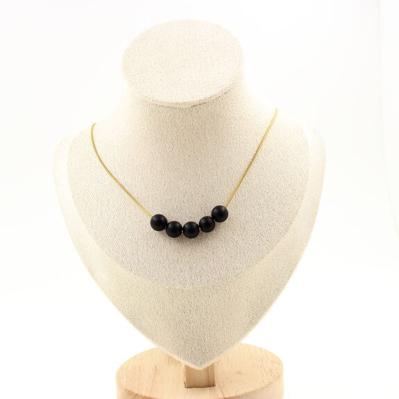Matte black Onyx 8 mm 5 beads necklace. Golden Stainless steel chain