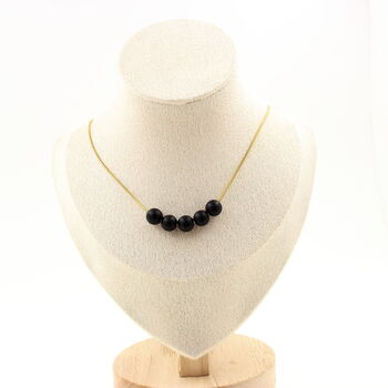 Matte black Onyx 8 mm 5 beads necklace. Golden Stainless steel chain