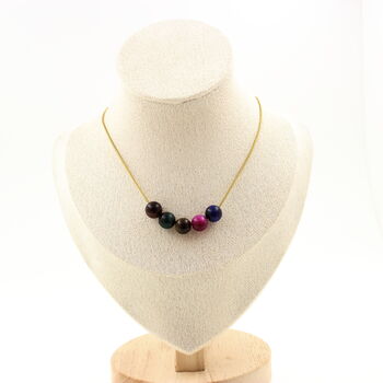 Tiger Eye Mix colors 8 mm 5 beads necklace. Golden Stainless steel chain