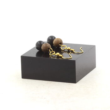 Golden Stainless steel Earrings Labradorite + wood 8 mm 2 Beads.